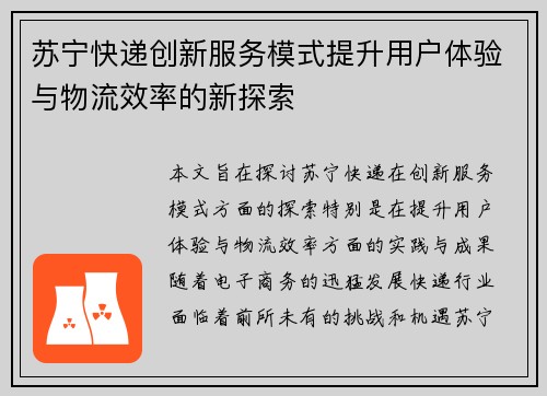 苏宁快递创新服务模式提升用户体验与物流效率的新探索