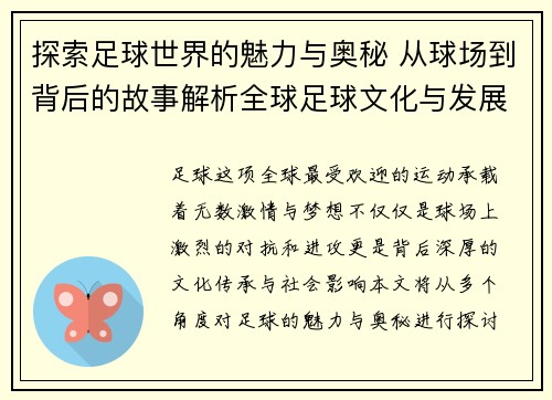 探索足球世界的魅力与奥秘 从球场到背后的故事解析全球足球文化与发展趋势